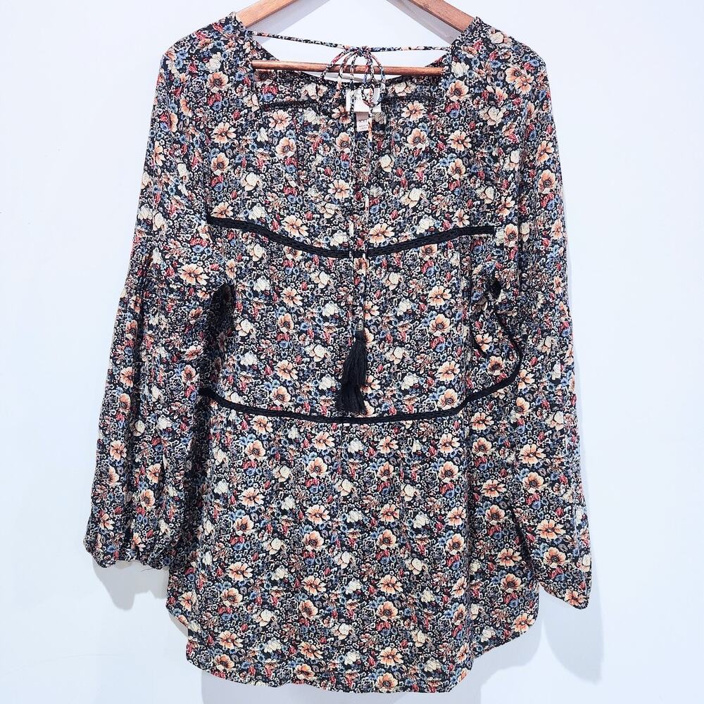 Knox Rose Womens Black Tassle Tied Long Sleeve Peasant Blouse Size XXL Boho